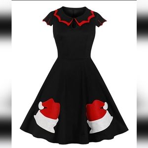 GYK Santa Hat Embroidered Collared Pleated Retro Fit & Flare Dress, Small